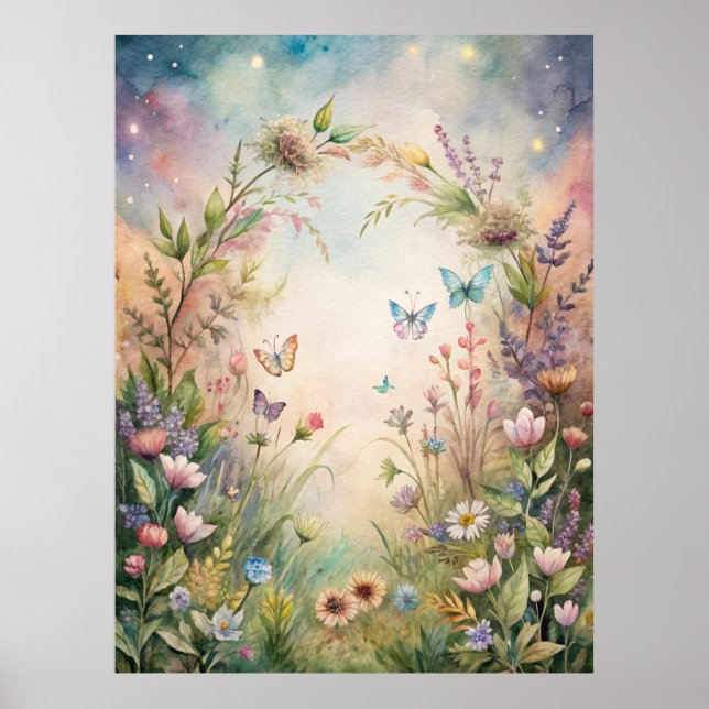 Affiche Fleurs de prairie et papillons (Devant)