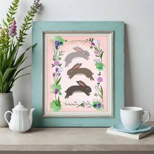 Affiche Fleurs de printemps et lapins bondissants
