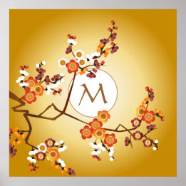 Affiche Fleurs de prune japonaise Lune Or Orange Rouge Bra