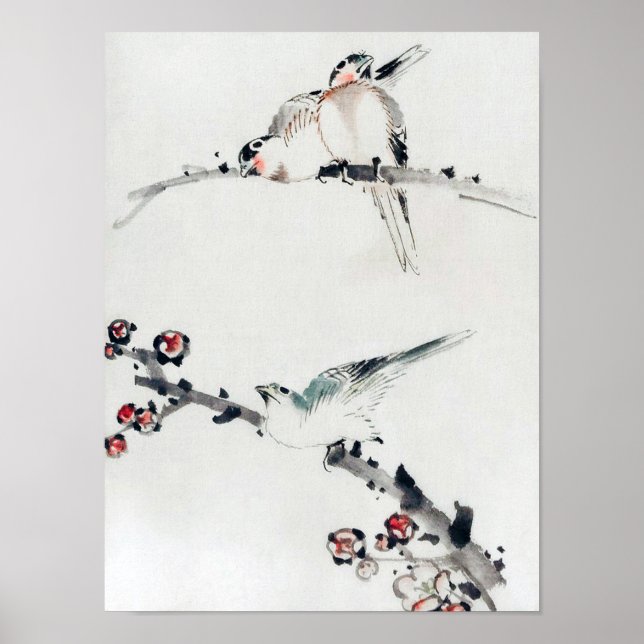 Affiche Fleurs de prunes et oiseaux, Hokusai, Ukiyo-e (Devant)