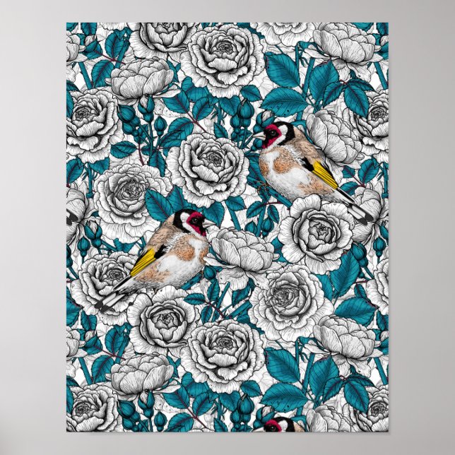 Affiche Fleurs de roses blanches et oiseaux d'or (Devant)