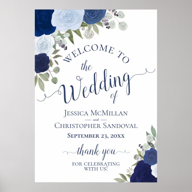 Affiche Fleurs de Roses Bleues Rustiques Mariage Bienvenue (Devant)