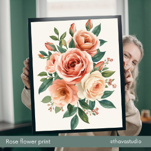 Affiche Fleurs de roses en aquarelle romantique rose tendr