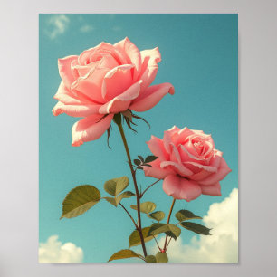 Affiche Fleurs de Roses Roses Vintage Ciel Bleu Art Botani