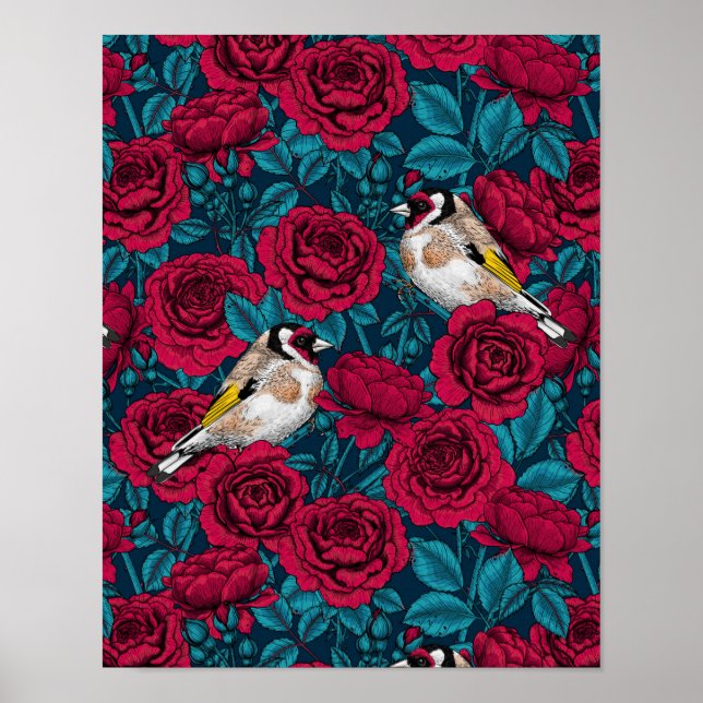 Affiche Fleurs de roses rouges et oiseaux d'or (Devant)