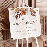 Affiche Fleurs de rouille en terre cuite Boho Mariage de a<br><div class="desc">Panneau de bienvenue mariage de style bohème moderne avec des fleurs d'aquarelle et des feuilles de chute dans les tons terre comme rouille brun,  orange brûlé et terre cuite. Un choix parfait pour les mariages d'automne.</div>