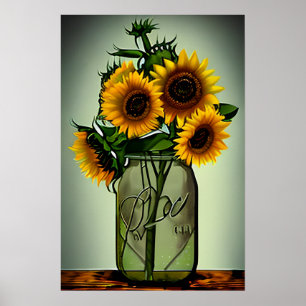Affiche Fleurs de soleil Abstraites dans Vase de verre