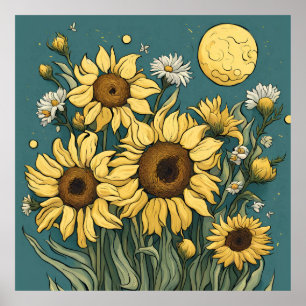 Affiche Fleurs de soleil en Pleine lune Van Gogh Style Flo