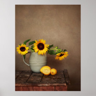 Affiche Fleurs de soleil et citrons rustiques