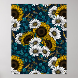 Affiche Fleurs de soleil et marguerites, jardin d'été 2