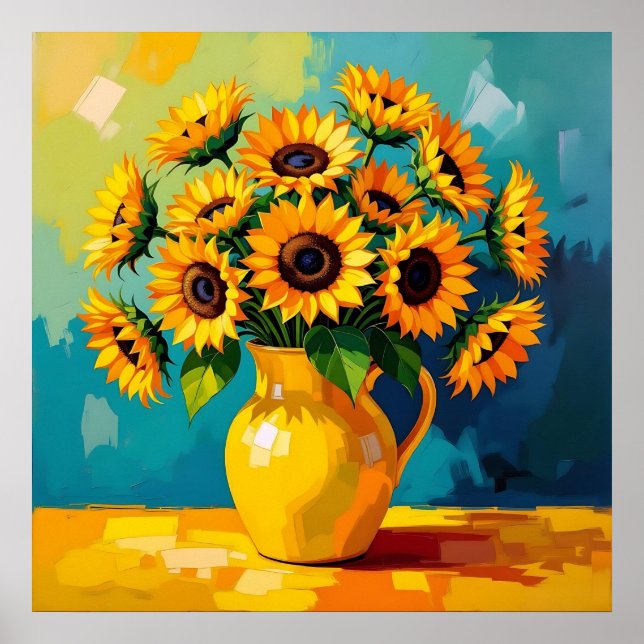 Affiche Fleurs de soleil jaunes dans un vase jaune (Devant)