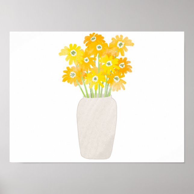 Affiche Fleurs de soleil jaunes dans Vase blanc Aquarelle (Devant)