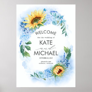 Affiche Fleurs de soleil jaunes et Mariage Dusty Blue Hydr