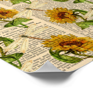 Affiche Fleurs de soleil libellules vieux journal style pa