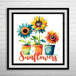 Affiche Fleurs de soleil potées colorées<br><div class="desc">Poster de fleurs de soleil en pots de couleur</div>