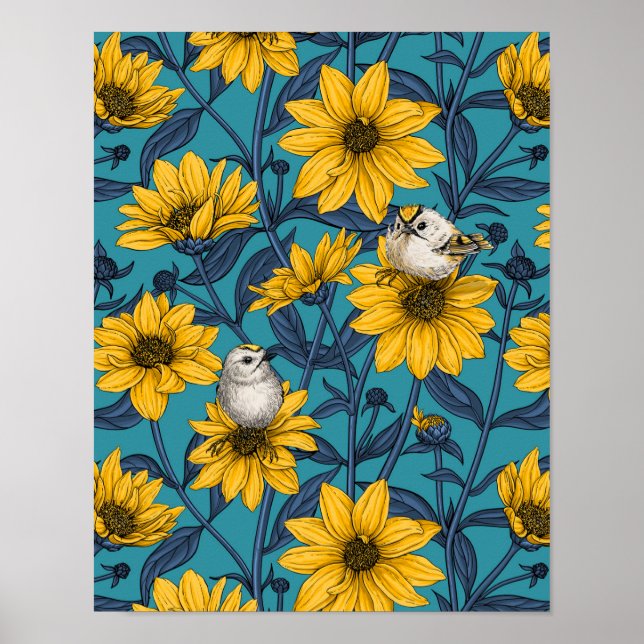 Affiche Fleurs de soleil sauvages et crêtes d'or/ jaune (Devant)