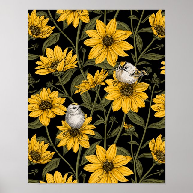 Affiche Fleurs de soleil sauvages et oiseaux de crête doré (Devant)