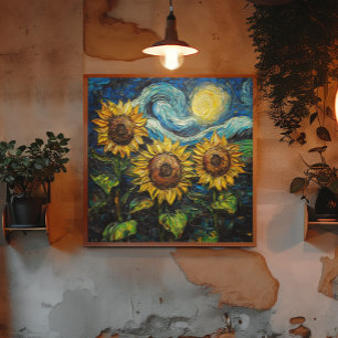 Affiche Fleurs de soleil Van Gogh et nuit étoilée