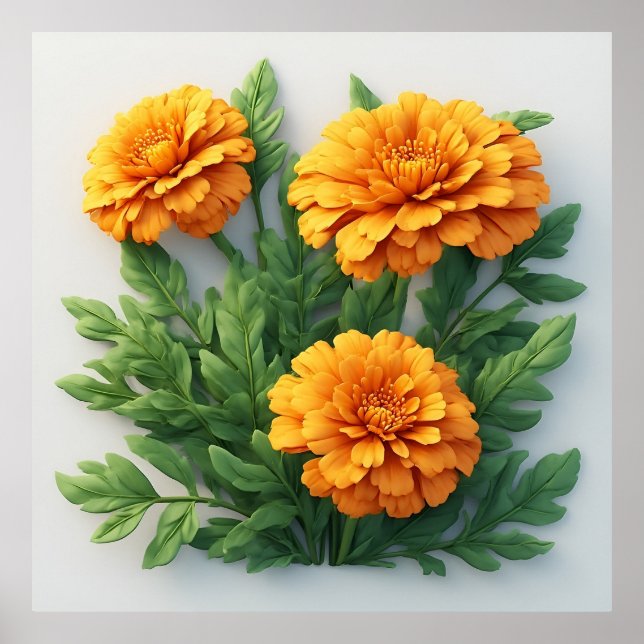 Affiche Fleurs de souci orange vif avec des feuilles verte (Devant)