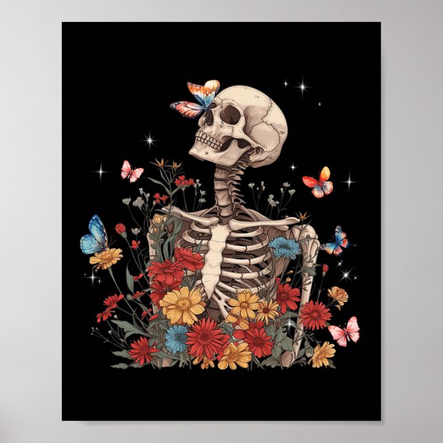 Affiche Fleurs de squelette Papillon Floral Halloween Homm (Devant)
