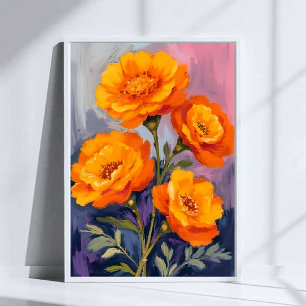 Affiche Fleurs de Tagète Orange Peinture Florale Aquarelle