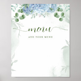Affiche Fleurs de verdure Hydrangea bleu Menu Baby Shower