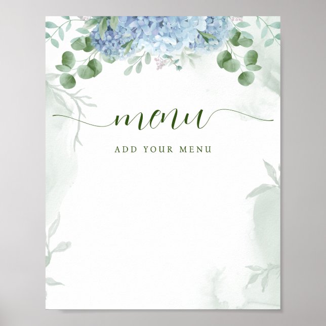 Affiche Fleurs de verdure Hydrangea bleu Menu Baby Shower (Devant)