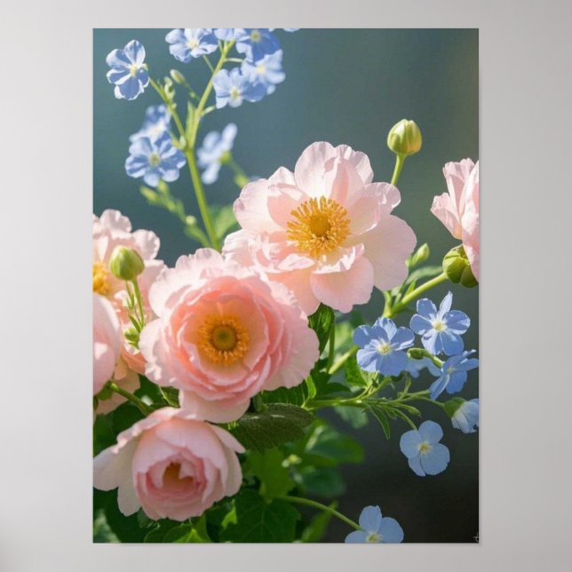 Affiche Fleurs délicates rose bleu (Devant)
