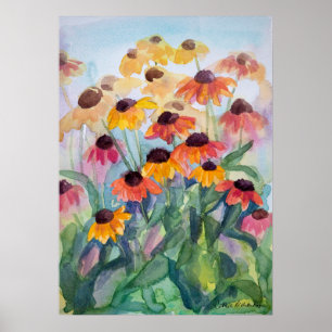 Affiche Fleurs d'été à l'aquarelle des jardins de Rudbecki
