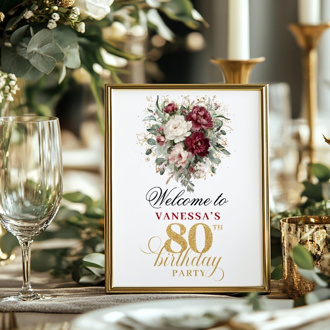 Affiche Fleurs d'eucalyptus florales pour 80e anniversaire (Floral eucalyptus blush 80th birthday 8x10 welcome sign)