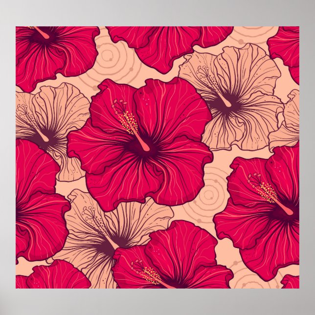Affiche Fleurs d'Hibiscus dessinées à la main Vintage (Devant)