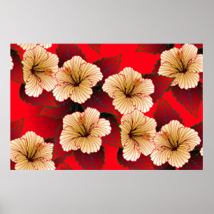 Affiche fleurs d'hibiscus ivoire sans couture motif sur ro