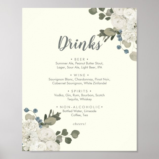 Affiche Fleurs d'hiver | Panneau de boissons de mariage iv (Devant)