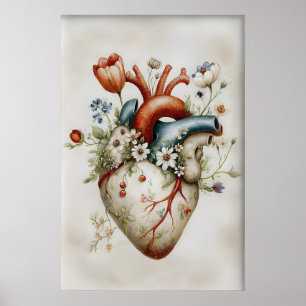 Affiche Fleurs d'Impression de Cœur Humain, Anatomique Vin