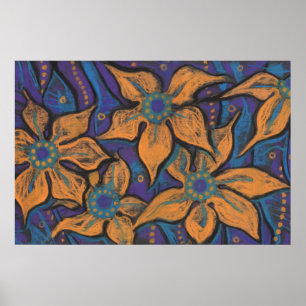 Affiche Fleurs d'or, art floral abstrait, orange violet
