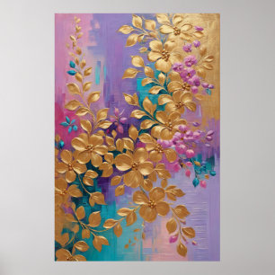 Affiche Fleurs D'Or Peintes Sur Lilac Rose Turquoise
