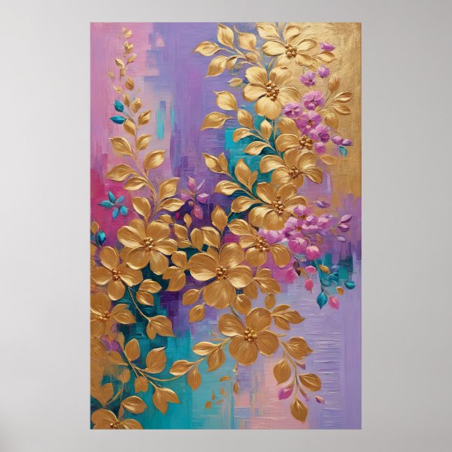 Affiche Fleurs D'Or Peintes Sur Lilac Rose Turquoise (Devant)