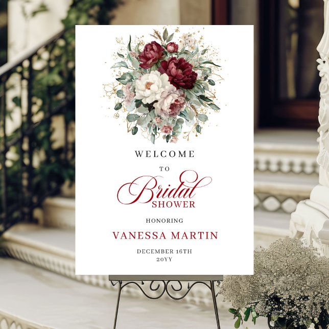 Affiche Fleurs dorées de Bourgogne Bienvenue à la Baby Sho (Burgundy Gold Flowers Bridal Shower Welcome)