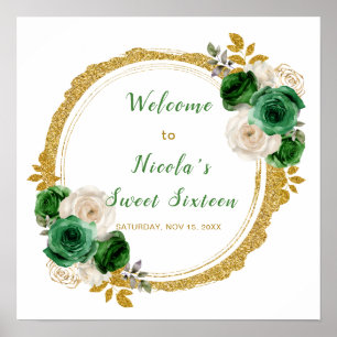 Affiche Fleurs élégantes Sweet sixteen vert foncé et or