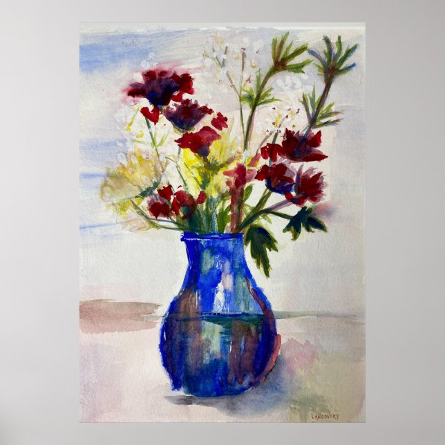 Affiche Fleurs en bleu Vase Aquarelle Art Imprimer (Devant)