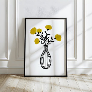 Affiche Fleurs en vase en média mixtes dessinées à la main