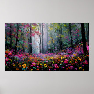 Affiche Fleurs épanouies et grands arbres dans une forêt p