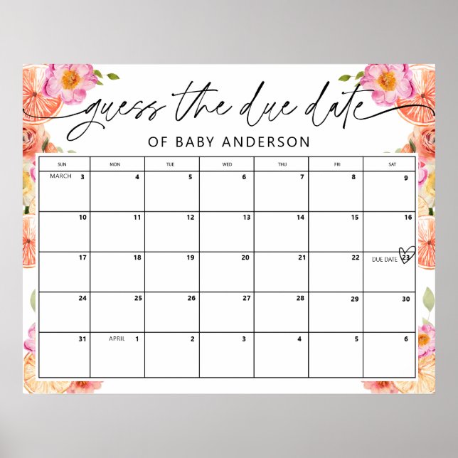 Affiche Fleurs et Baby shower d'agrumes date d'échéance Gu (Devant)