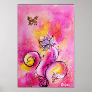 Affiche FLEURS ET BUTTERFLIS BLANCS bleu rose