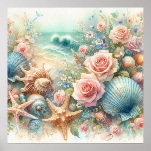 Affiche Fleurs et coquillages aquarelle dans les couleurs  (Devant)