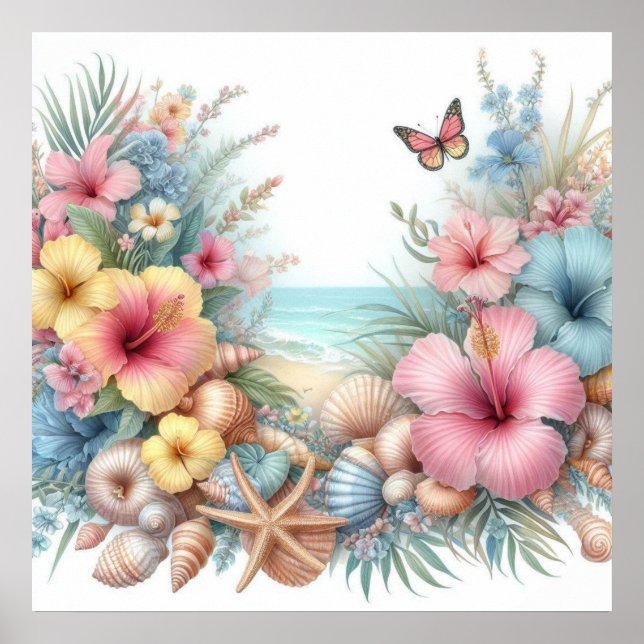 Affiche Fleurs et coquillages aquarelle dans les couleurs  (Devant)