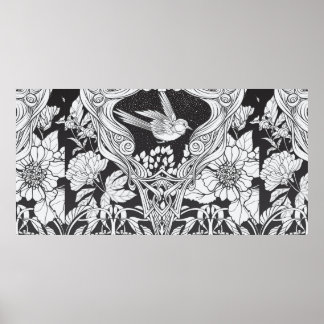 Affiche Fleurs et oiseau dans un style Art nouveau sans co