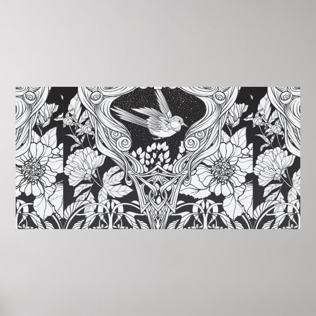 Affiche Fleurs et oiseau dans un style Art nouveau sans co (Devant)