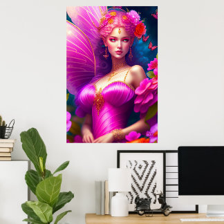 Affiche Fleurs et papillons de fée fantaisie fuchsia