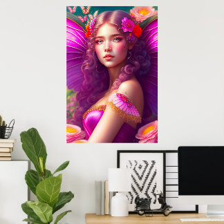 Affiche Fleurs et papillons de fée fantaisie fuchsia